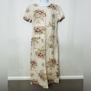 Vintage Talbots 100% Linen Dress Floral Pockets Cottage Maxi 90s USA 6 Small P